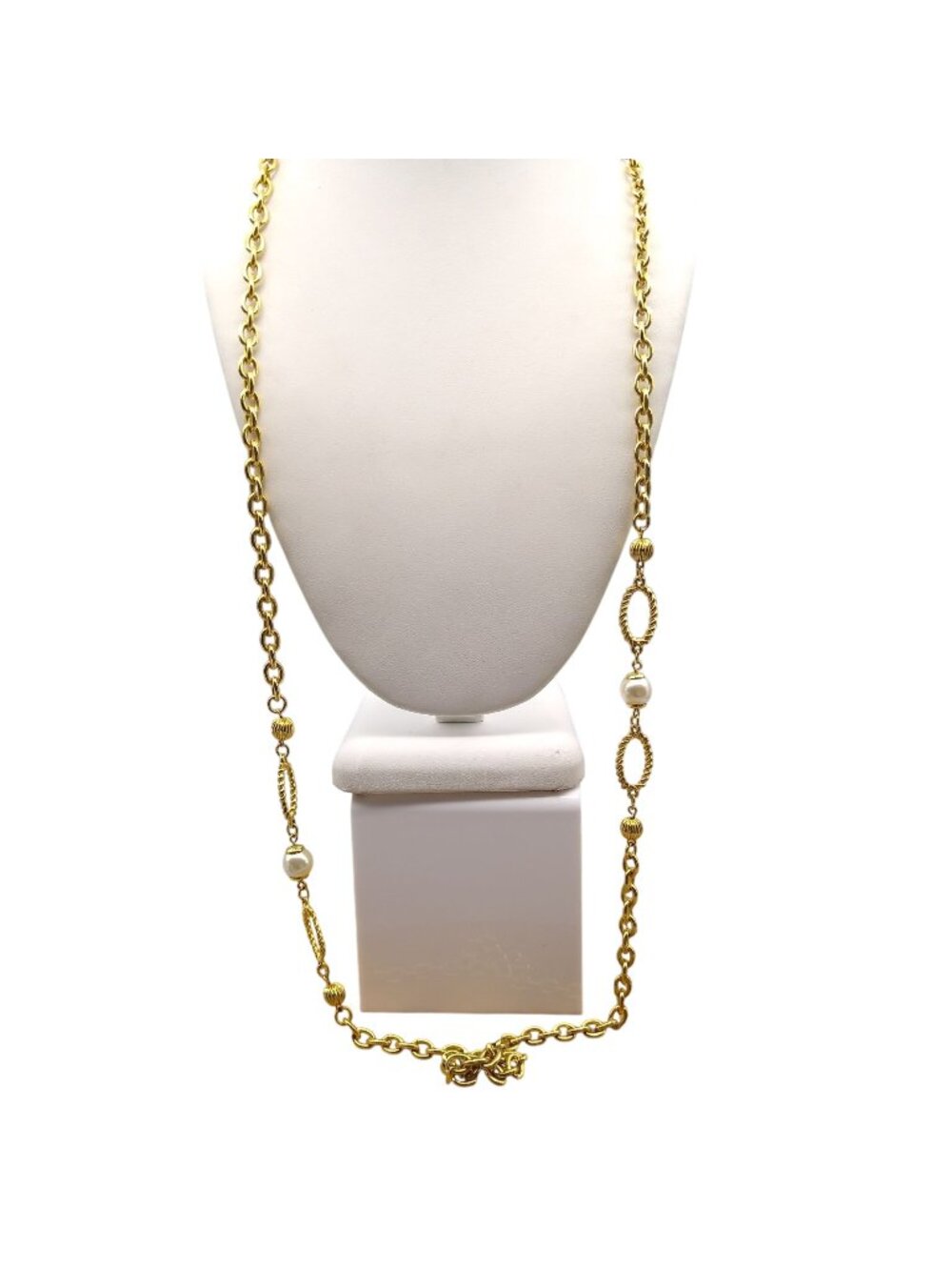 Gorgeous Gold Tone Chain Station Necklace with Faux Pearls and Oval Twisted Link